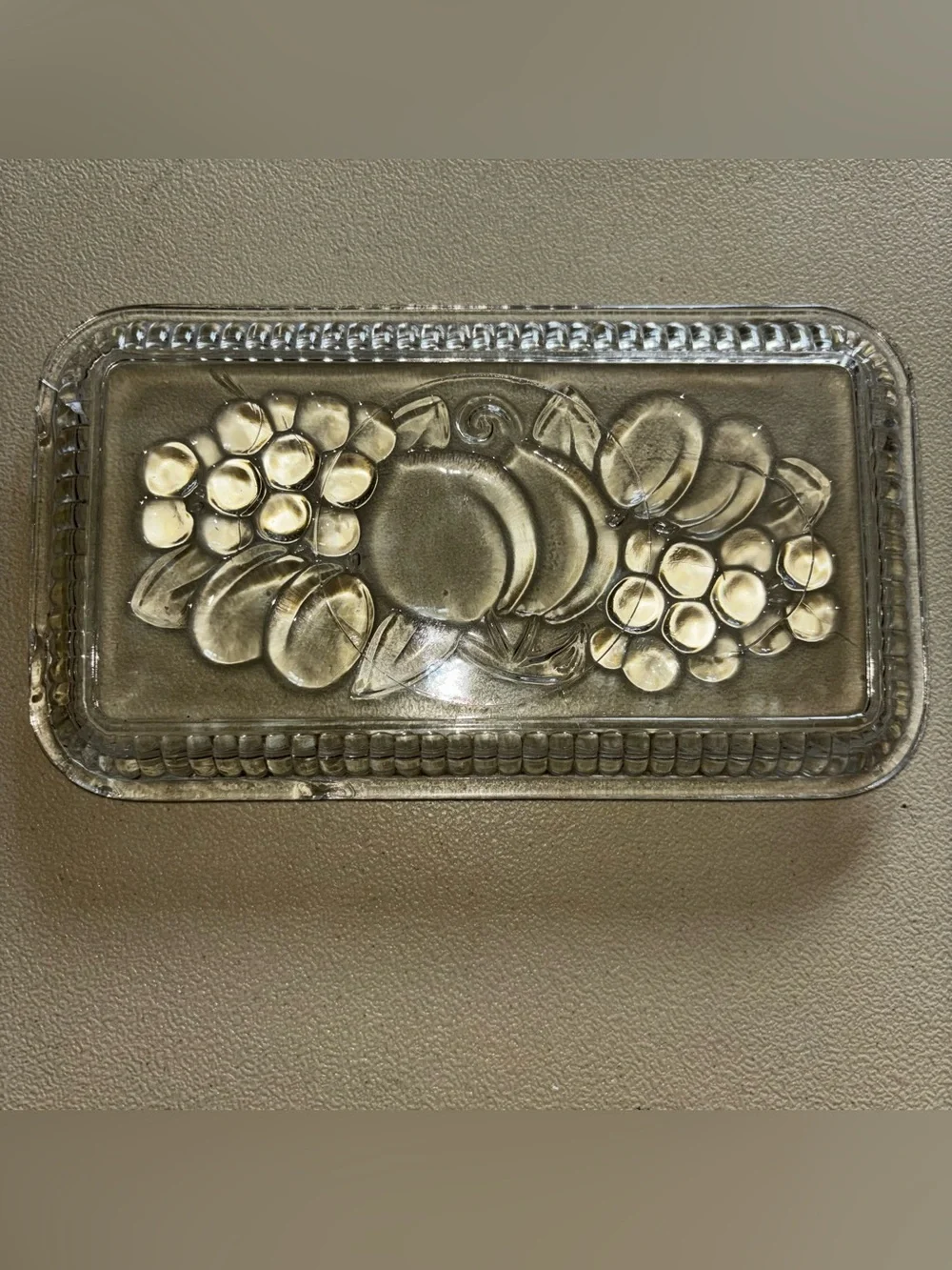 Two Vintage Federal Glass Clear Refrigerator Dish Lids no base 1 Ribbed 1 Fruit